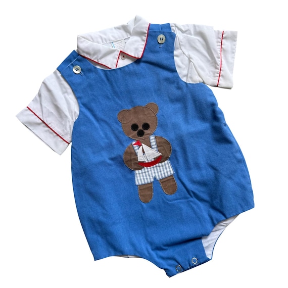 Vintage Romper Boys 3T Blue Teddy Bear Sailboat Nautical Heirloom Classic 80s