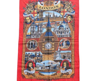 Paño de cocina vintage de Londres, rojo, con monumentos emblemáticos, recuerdo, hecho en Gran Bretaña, cocina turística.