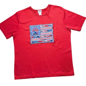 Camiseta vintage americana patchwork con bandera para mujer, talla M, cesta de manzanas rojas, estilo cottagecore