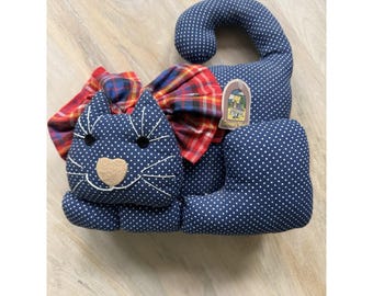 Tope de puerta con peso para gato, lazo a cuadros de lunares azules, gatito vintage, cottagecore, grannycore