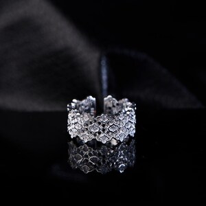 Può includere: Un anello d'argento con un intricato design traforato, caratterizzato da un motivo floreale ripetuto. L'anello è posto su uno sfondo nero, creando un'immagine ad alto contrasto. Il design dell'anello si riflette sulla superficie lucida sottostante.