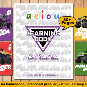May include: A children's learning book with a white cover and a purple triangle that says "Learning Book". The book is surrounded by colourful monster truck flashcards. The flashcards feature monster trucks with names like "Omega" and "Invader".
