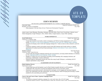 Puede incluir: Una plantilla de currículum vitae con el texto "ATS CV TEMPLATE" en un círculo azul. El currículum vitae incluye secciones para habilidades, experiencia laboral y cursos. El currículum vitae es para Eden Murphy.