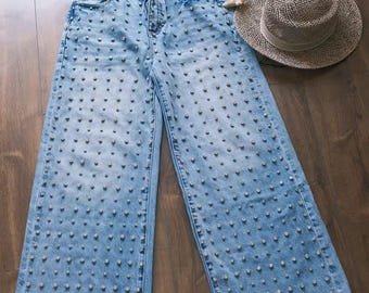 Handmade Rhinestone Jeans | Sparkly Studded Denim Pants | Custom Bling Y2K Style Women's Jeans