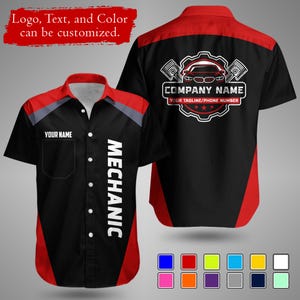 May include: Black mechanic shirt with red and grey accents. Features a front pocket and the word "MECHANIC" in white. The back displays a car logo and the text "COMPANY NAME" and "YOUR TAGLINE/PHONE NUMBER".