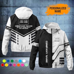 May include: A black and white hooded jacket with a personalized design. The jacket features the text "COMPANY NAME" and "ADD YOUR LOGO HERE". The design includes geometric shapes and the text "PERSONALIZED NAME".