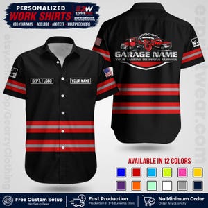 May include: A black short-sleeved button-down work shirt featuring red and grey horizontal stripes. The front includes placeholders for a logo and name. The back displays a graphic of a tow truck with the text Garage Name and Your Tagline.