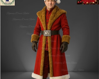Könnte beinhalten: Ein rotes Weihnachtsmann-Kostüm mit einem pelzbesetzten Mantel, Manschetten und Kragen. Das Kostüm umfasst einen schwarzen Gürtel mit einer silbernen Schnalle, schwarze Handschuhe und einen rot-weißen Hut. Ein "Frohe Weihnachten"-Bild ist ebenfalls enthalten.