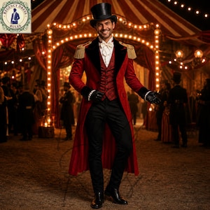 Ringmaster Handmade Luxury Costume for Men, Red Velvet Circus Tailcoat, Circus Master Jacket, Victorian Showman Outfit, Carnival Costume