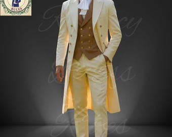 Benutzerdefinierte Mr. Darcy Wolle Tailcoat Anzug | Goldene Weste, Regency Reenactment Kostüm