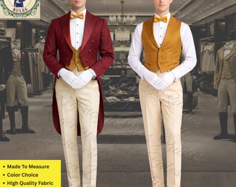 Herren Frack in weinrot mit Seiden Revers - Creme Hose Regency Formelles Smoking Vintage Kostüm
