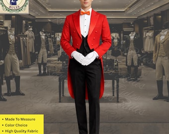 Karottenroter Herren-Frack mit Seiden-Revers - Schwarze Weste und Hose, Regency Abendkleidung