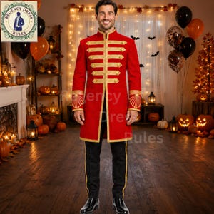 Nuovo costume da domatore di circo di lusso fatto a mano in lana per uomo, frac da circo rosso, giacca da maestro di circo, abito da showman vittoriano, costume di carnevale