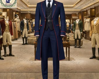 Herren Navy Blau Regency Regency Frack Anzug - Rote Paspel Formelle 3-teilige viktorianisch inspirierteOutfit