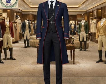 Herren-Frack aus dunkelblauer Wolle mit roter Paspelierung - schwarze Wollweste und -hose, Regency-Outfit
