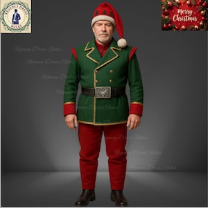 May include: A festive Christmas costume featuring a green double-breasted jacket with gold trim, red cuffs, and matching red pants. The outfit includes a black belt with a silver buckle and a red and green Christmas hat. The image also includes a "Merry Christmas" greeting.