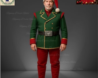 Herren Weihnachtselfen Kostüm | Grüne und rote Wolle, Goldborte