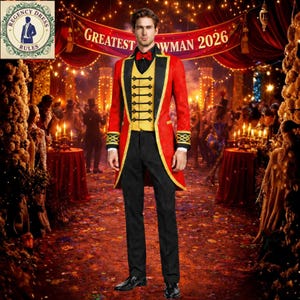 May include: A man in a red and black circus ringmaster costume. The jacket has gold trim and buttons, paired with black pants, a black vest, and a red bow tie. The background features a banner that reads "Greatest Showman 2026".