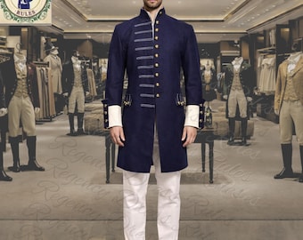 Marineblauer Regency-Herren-Frack - Cremefarbene Manschetten - Goldknopf im Militärstil - Viktorianisches formelles Outfit