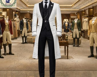 Herren Weiß Regency Schwarz Revers Weiß Frack Smoking - Vintage viktorianischer Hochzeit Bräutigam Anzug