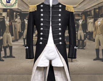 Herren Black Regency Military Tailcoat - Goldene Schulterklappen & Silberknöpfe, grauer Kragen - viktorianischer Hochzeitsmantel