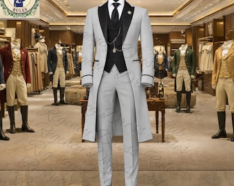 Men’s Light Grey Regency Tuxedo Tailcoat & Pants – Satin Lapel - Silk Vest, Victorian Inspired Coat