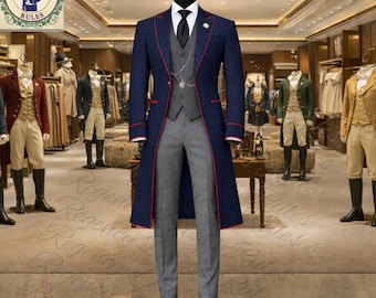 Herren Navy Blau Regency Regency Frack Rot Paspel Anzug mit grauer Wolle Weste und Hose