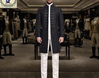 Men’s Charcoal Grey Regency Black Braided Tailcoat with Ivory Trousers, Victorian Inspired Formal Suit