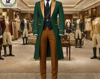 Waldgrüner Woll Regency Tailcoat - Viktorianischer Anzug mit Goldenem Revers, Schwarzer Weste und Brauner Hose