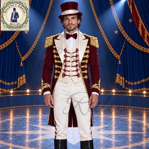 Può includere: Un costume da direttore di circo composto da un frac in velluto rosso scuro con spalline a frange dorate e ricami, un gilet color crema con passamaneria rossa e bottoni dorati, una camicia bianca, un papillon rosso e un cilindro rosso.
