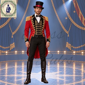 May include: A ringmaster costume featuring a red tailcoat with gold fringe epaulets, gold embroidery, and black cuffs. It includes a black waistcoat with gold buttons, a white shirt with a black bowtie, black trousers, black boots, and a top hat with a red band.