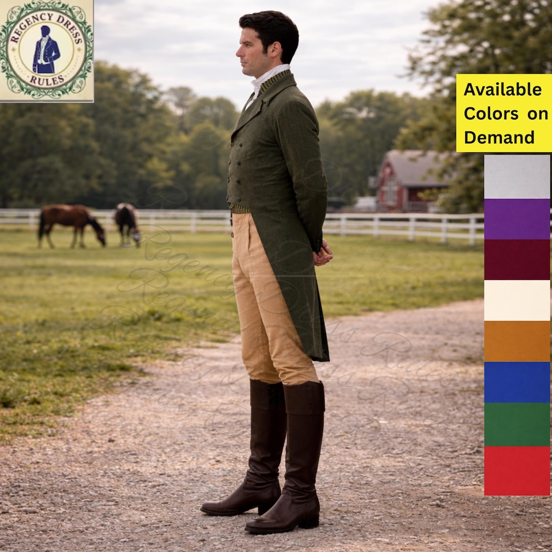 Regency Men's Riding Boot Men’s Regency Green Wool Tailcoat, Historical Victorian Riding Suit ...