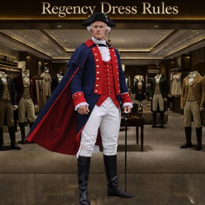May include: A man in a historical costume stands in a clothing store. He wears a navy blue coat with red trim and gold buttons, a red vest, white pants, and black boots. The outfit is completed with a black hat and a cane. The text "Regency Dress Rules" is above.