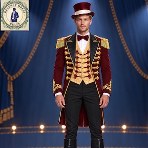 Op de afbeelding: Een circusdirecteurkostuum bestaande uit een donkerrode fluwelen pandjesjas met gouden franje-epauletten, een goudkleurig vest met patroon en rode borduursels, een wit overhemd, een rode vlinderdas, een zwarte broek en een bijpassende rode hoge hoed.