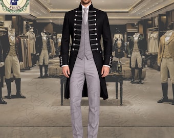 Herren schwarzer Regency-Frack - graue Weste und Hose, formeller Mantel im Militärstil, viktorianisches Hochzeitskleid