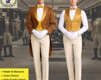 Goldener Brauner Herren-Frack mit Seiden-Revers - Cremefarbene Hose Regency Formelles Smoking-Weinlese-Kostüm