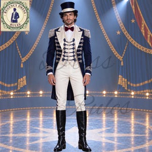 Può includere: Un frac blu navy con finiture intrecciate dorate e frange sulle spalle, indossato sopra un gilet color crema con ricami e bottoni blu navy. L'outfit include pantaloni color crema, camicia bianca, papillon rosso scuro, cilindro e stivali neri.