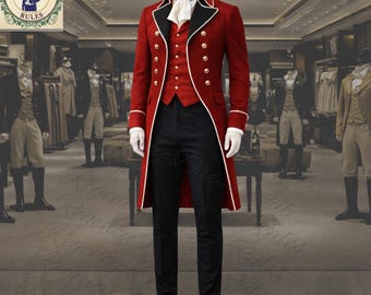 Maßgeschneiderte Herren Red Regency Wolle Tailcoat Schwarzer Kragen - Revers - Formeller Reiteranzug mit weißer Ordnung