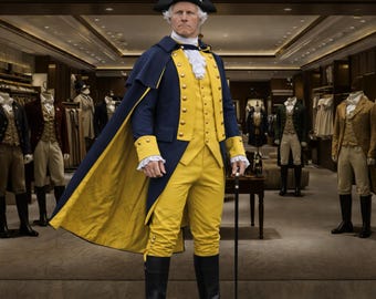 Può includere: Un uomo in un completo giallo e blu navy dell'epoca della Reggenza, tra cui cappotto, gilet e calzoni, si trova in un negozio di abbigliamento. L'abito ha bottoni dorati e finiture in pizzo bianco. L'immagine include il testo "Regency Dress Rules".