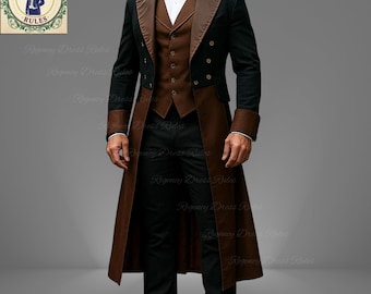 May include: A formal black and brown suit with a long coat, vest, and bow tie. The coat has brown lapels and cuffs, with a brown vest underneath. The suit is worn with black pants. The Regency Dress Rules logo is in the upper left corner.
