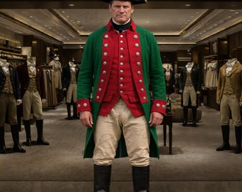 Revolutionärer Krieg Offizier Kostüm - George Washington Uniform, Grün & Rot Wolle Outfit