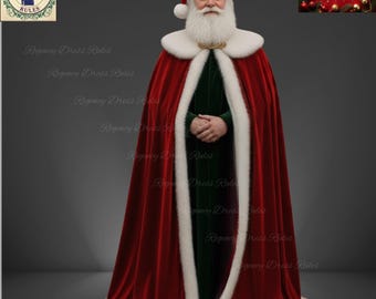 Könnte beinhalten: Ein Mann als Weihnachtsmann, mit einem roten Samtumhang mit weißem Kunstfellbesatz. Er hat einen weißen Bart und eine rote Mütze. Das Bild enthält den Text "Merry Christmas" und ein Logo mit der Aufschrift "Regency Dress Rules".