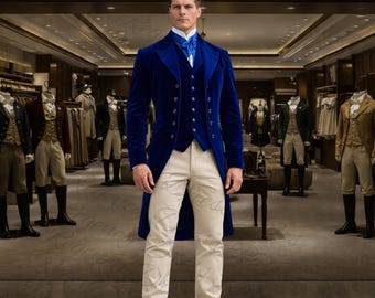 19th Century Regency Royal Blue Samtfrack für Herren - Blaue Seidenweste & cremefarbene Hose