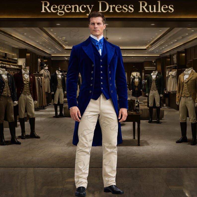 Regency Style Men Men’s 19th Century Regency Royal Blue Velvet Tailcoat – Blue Silk Vest ...