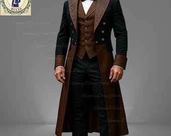May include: A formal black and brown coat with a matching vest and bow tie. The coat has a long, tailored design with brown lapels and cuffs. The vest is brown, and the bow tie is a matching brown color. The outfit is completed with black pants.