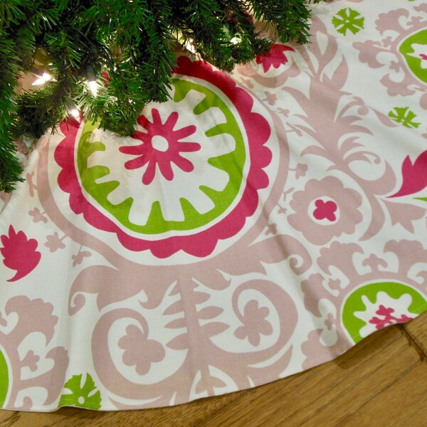 48" Pink and Green Christmas Tree Skirt with Suzani Print, Pink Christmas Decoration, CLEARANCE SALE