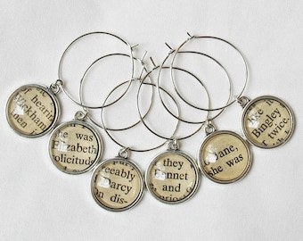 Pride and Prejudice Wine Glass Charms Set Jane Austen Mr Darcy Elizabeth Bennet Foodie Gift Barware Bookworm Homewares Party