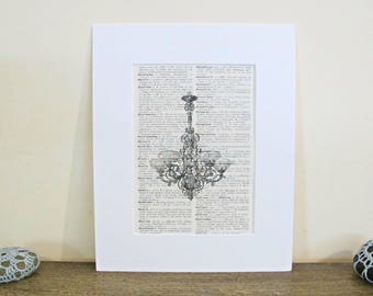 Chandelier Wall Art Print Dictionary Decor Illustration Artwork Shabby Chic Vintage Homewares Victorian Black And White Housewarming Gift