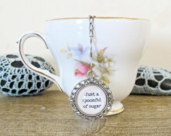 Mary Poppins Tea Infuser Strainer - Quote Just A Spoonful Of Sugar - Foodie Gift Heart Homewares Kitchen Afternoon - Silver Bookworm Bookish