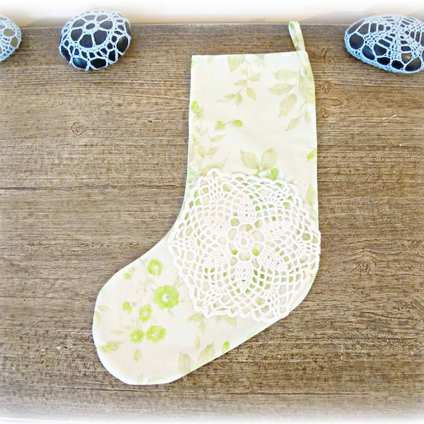 Green Shabby Chic Christmas Stocking Boho Holiday Decor Vintage Lime Fabric Floral Flowers Doily White Home Rustic Decoration Homewares